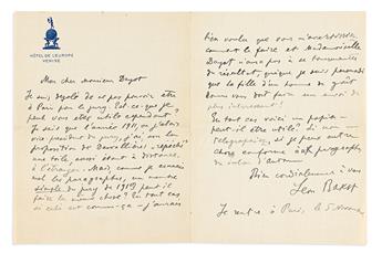 BAKST, LÉON. Two Autograph Letters Signed, to art critic Armand Dayot or the Secretariat of the Salon dAutomne 1913, in French, origin